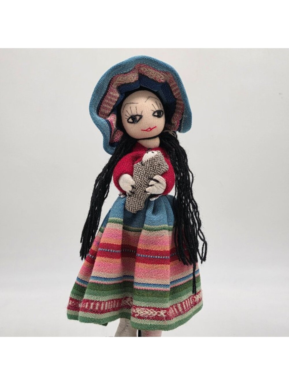 Handmade South American Folk Art Doll With Babies Tapestry Dress & Bonnet 12"